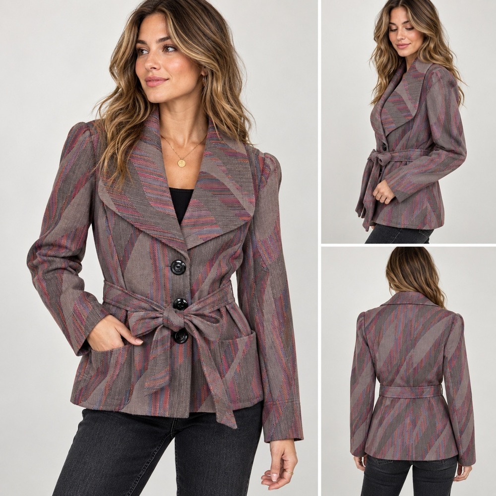 Cidra Jacket Womens 14 Gray Purple Blue Abstract Stripe Belted Cotton Blazer